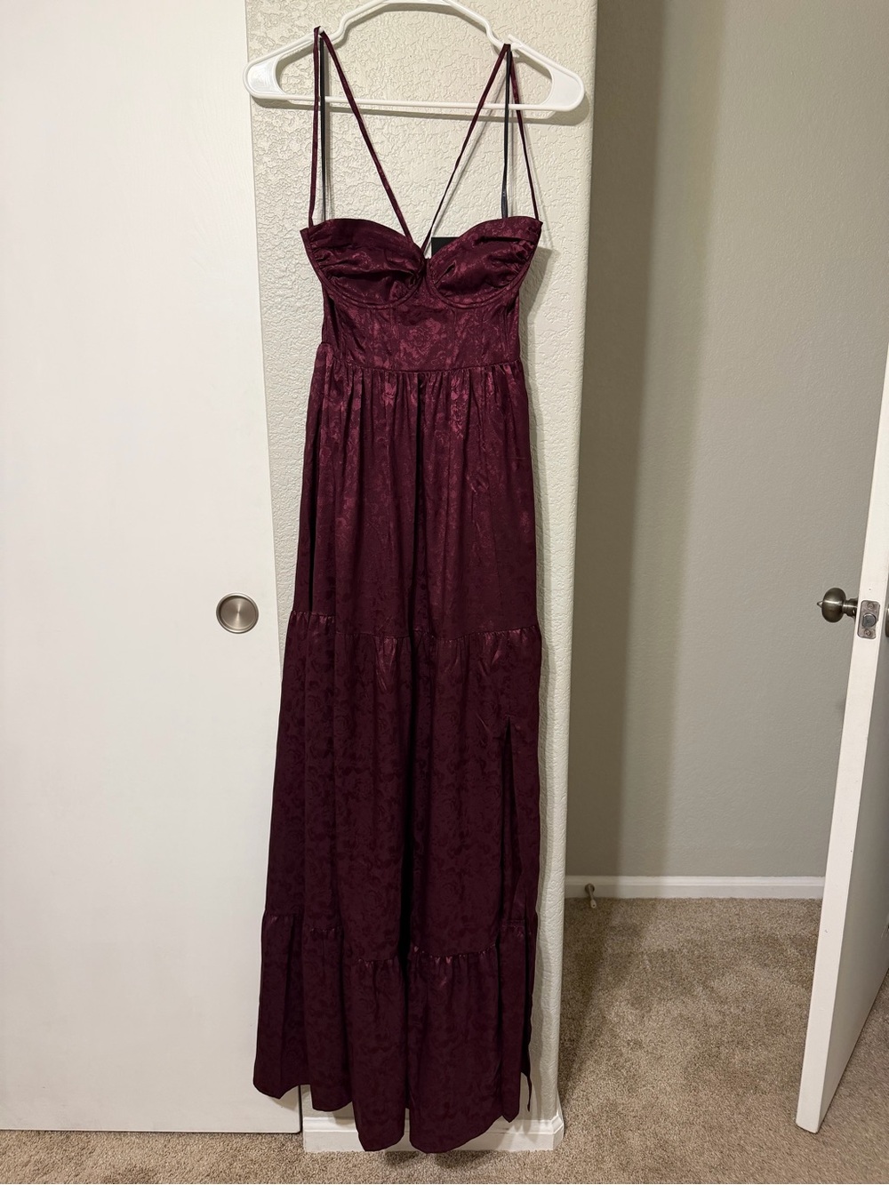 Lulu's Burgundy Lace Maxi Dress with Spaghetti Straps
